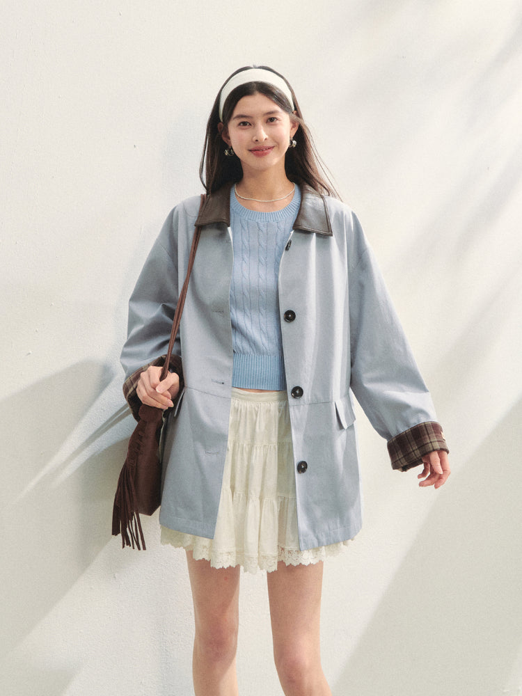 Plaid Patchwork Color-Block Trench Coat - CHINASQUAD