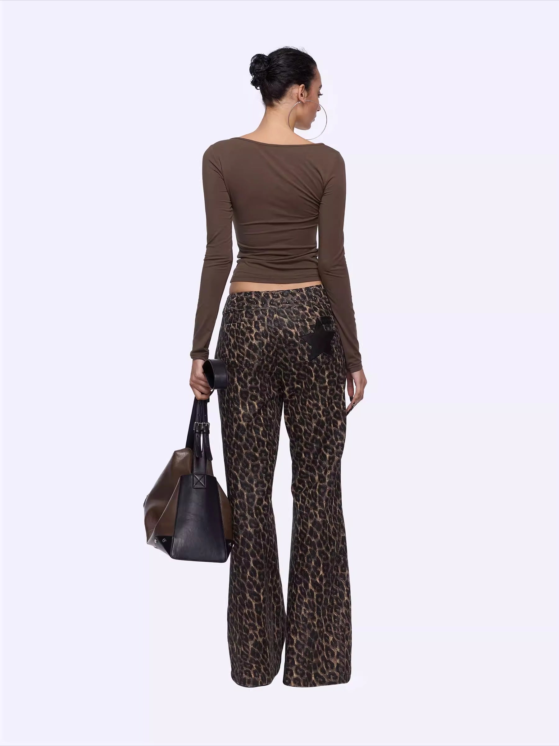 Studded Leopard-Print Micro-Flared Denim Pants
