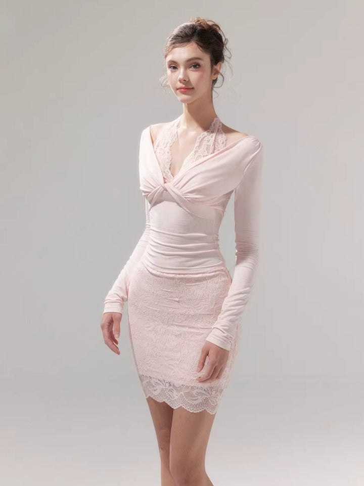 Lace Layered Knit Top & Bodycon Mini Skirt Set