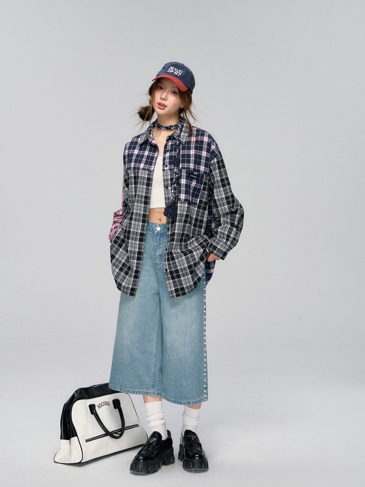Black Patchwork Plaid Shirt - CHINASQUAD