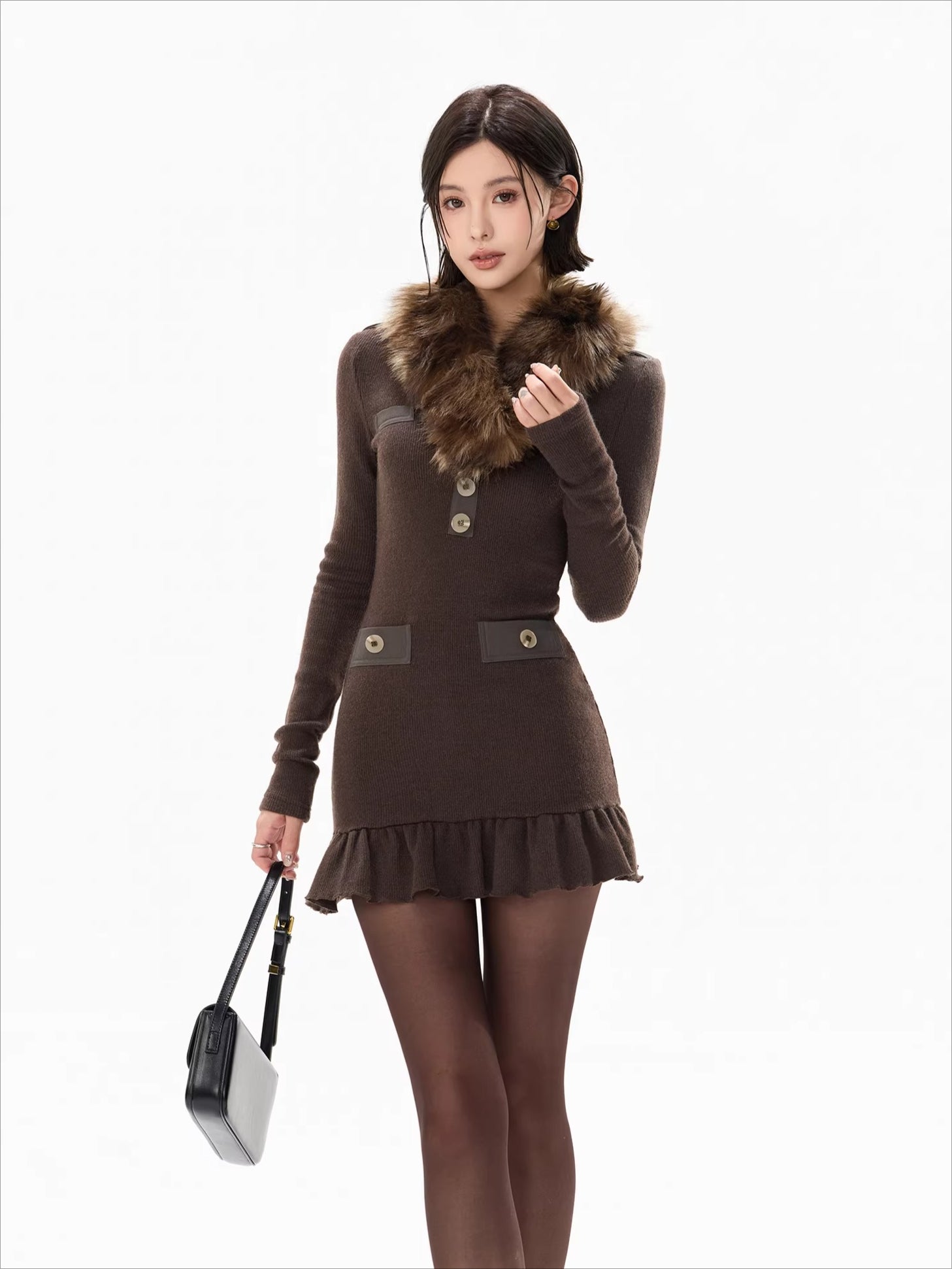 Cold Heiress Detachable Fur-Collar Mini Dress