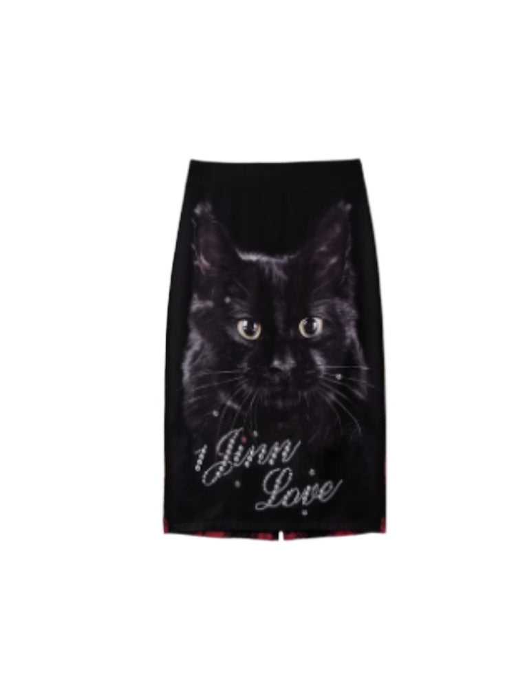 1JINN STUDIO Cat Print Pencil Skirt - CHINASQUAD