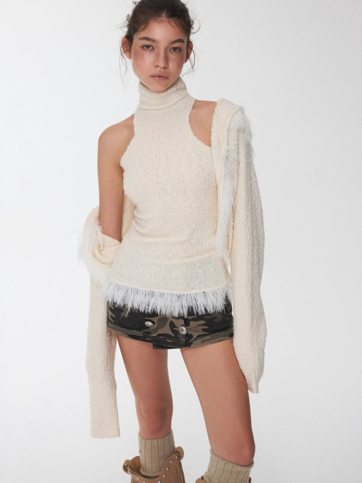 Fringe Knit Vest & Hooded Sleeveless Set