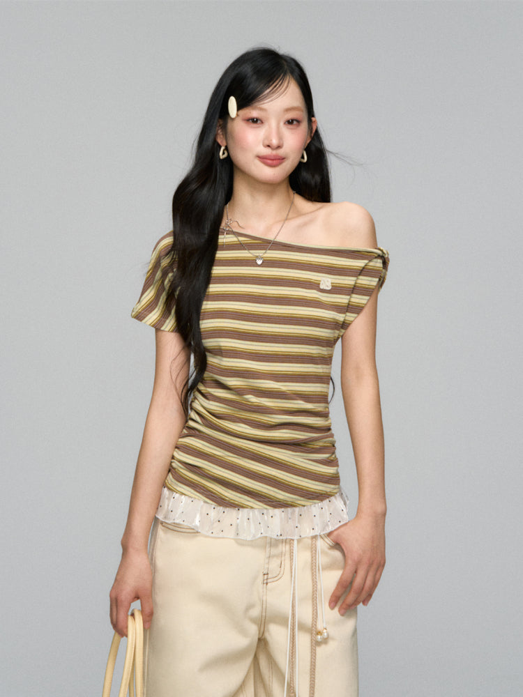 Striped Lace-Spliced Asymmetric-Shoulder T-shirt - CHINASQUAD