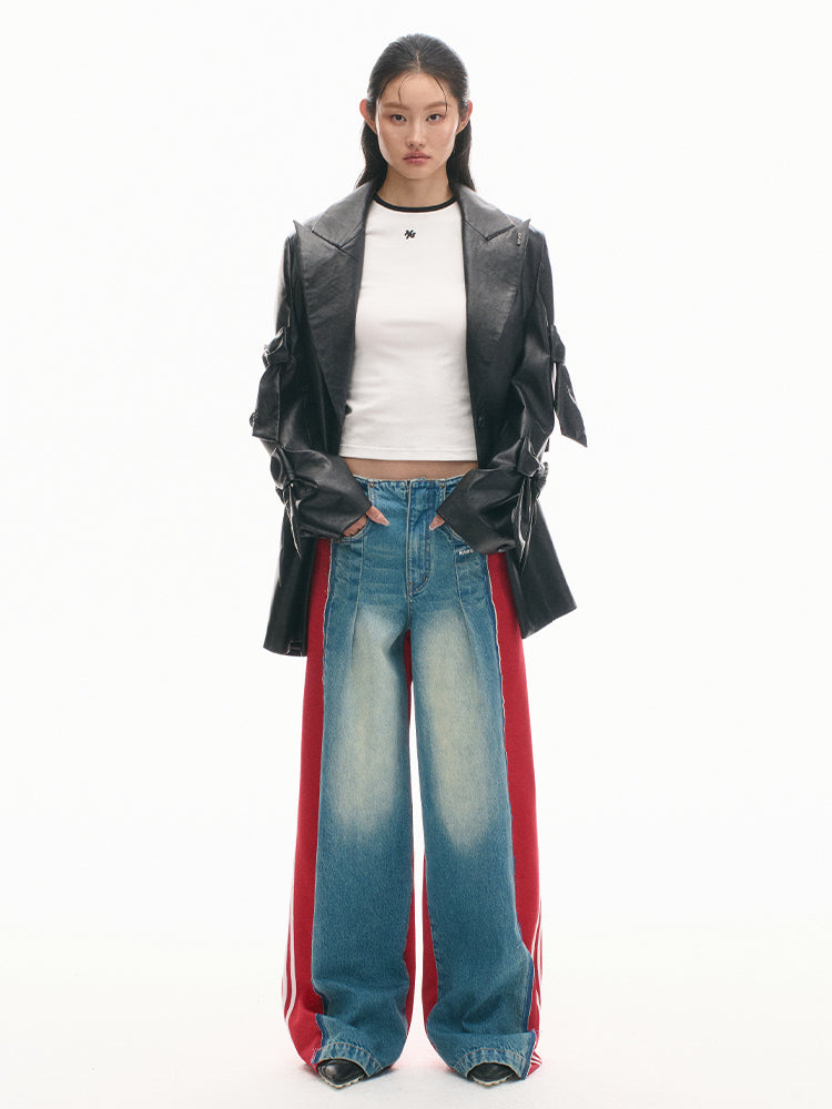 Textured Loose-Fit Embroidered Leather Jacket - CHINASQUAD