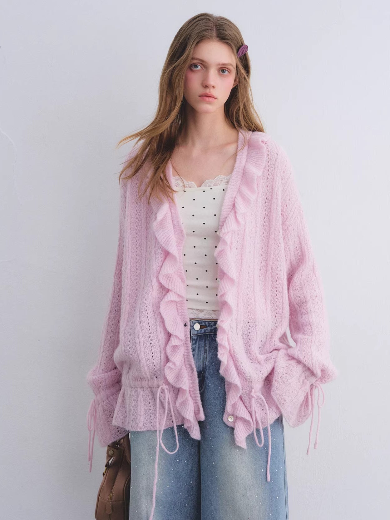 Wool Mohair Drawstring Waist Cardigan