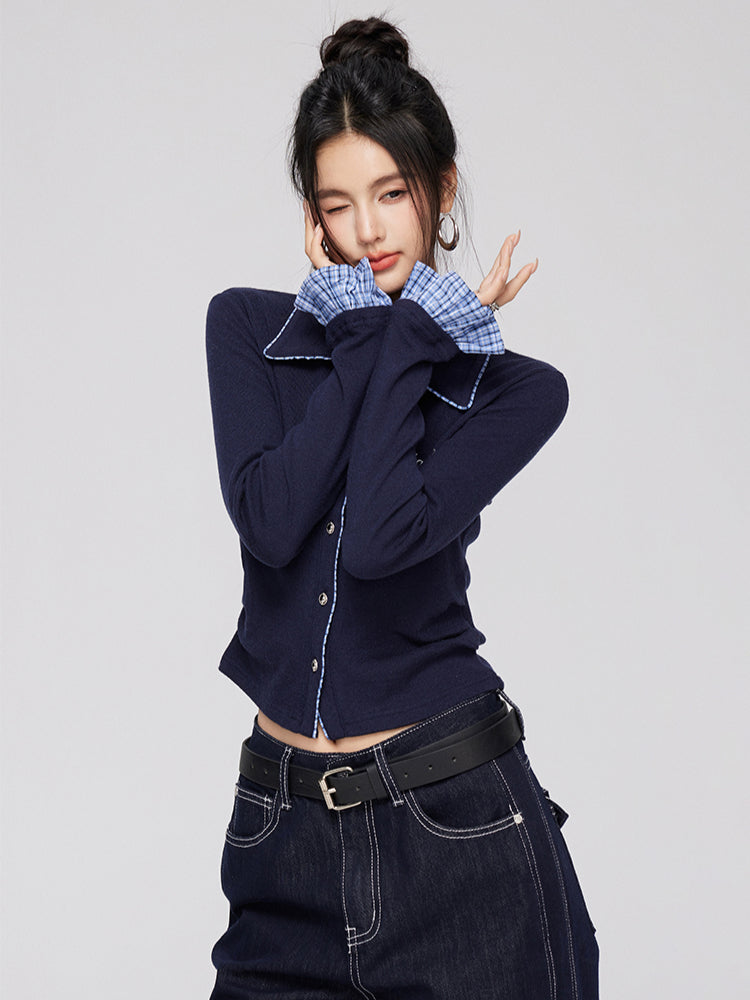 Plaid Splicing Knit Blouse - CHINASQUAD