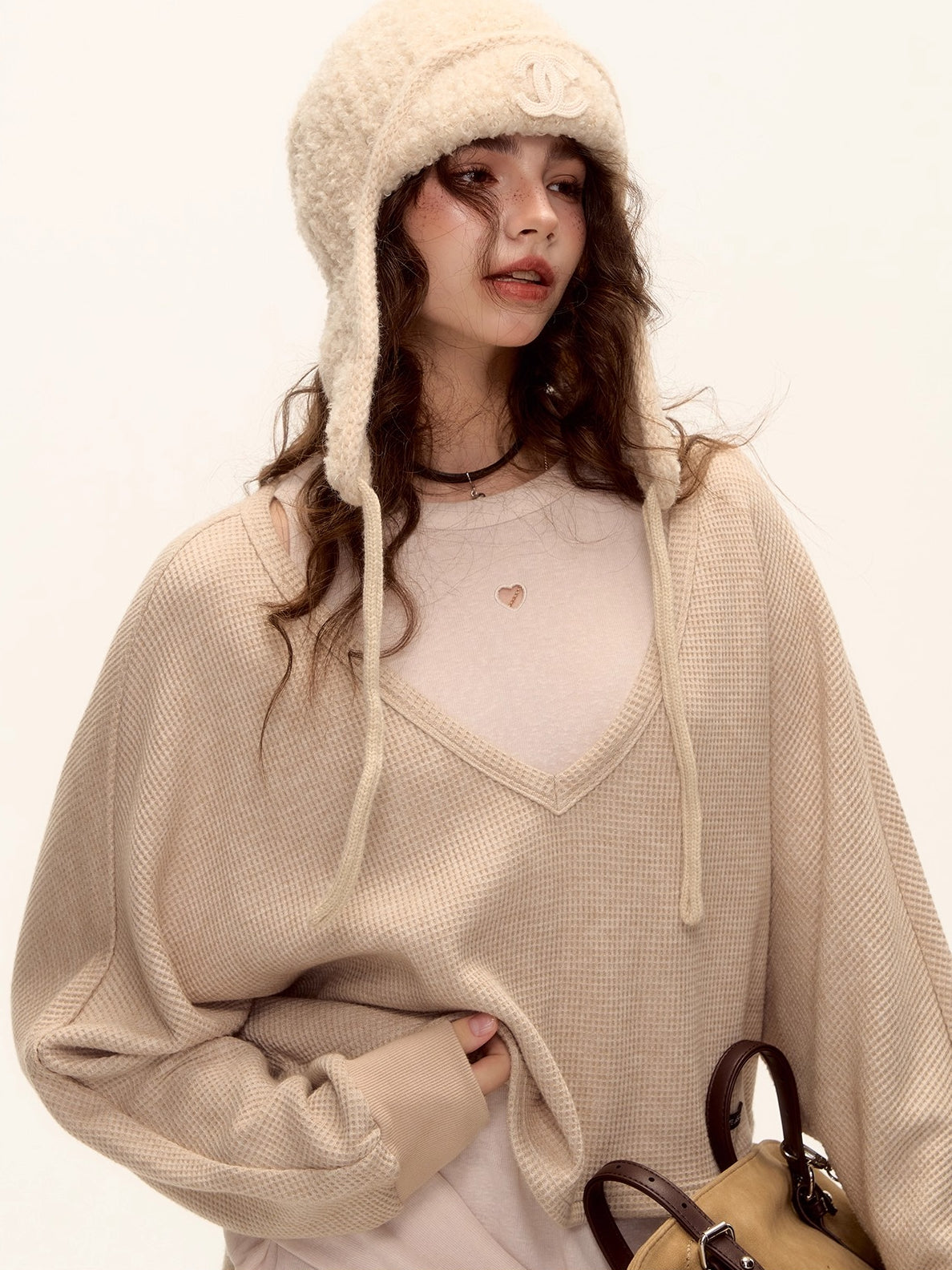 Waffle Knit V-Neck Pullover & Tank Top & Wide-Leg Pants Set