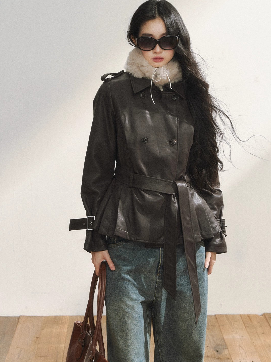 Vintage Brown Belted Faux Leather Wool Jacket