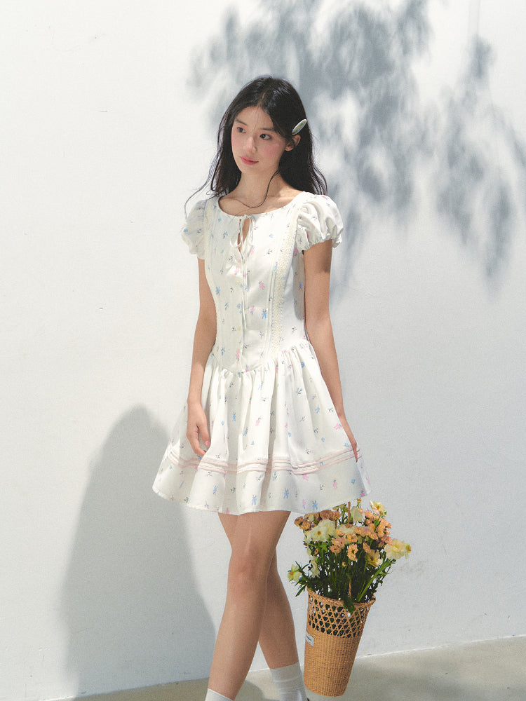 Puff Sleeve Printed Waist - cinching Dress - CHINASQUAD