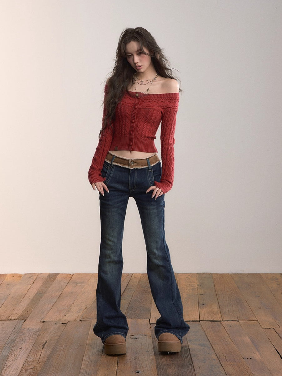 Contrast Panel Faux Fur Waist  Flare Jeans