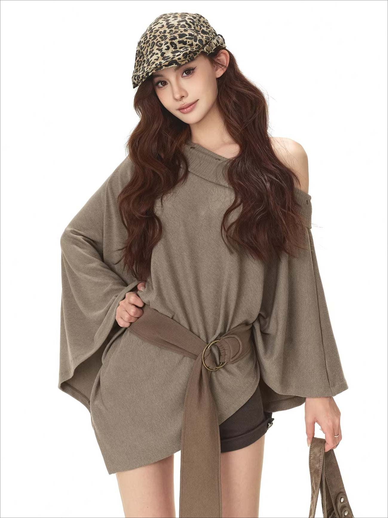 Cape-Style Off-Shoulder Long T-Shirt