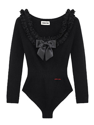White & Black Elegant Ruffled Bow Bodysuit - CHINASQUAD