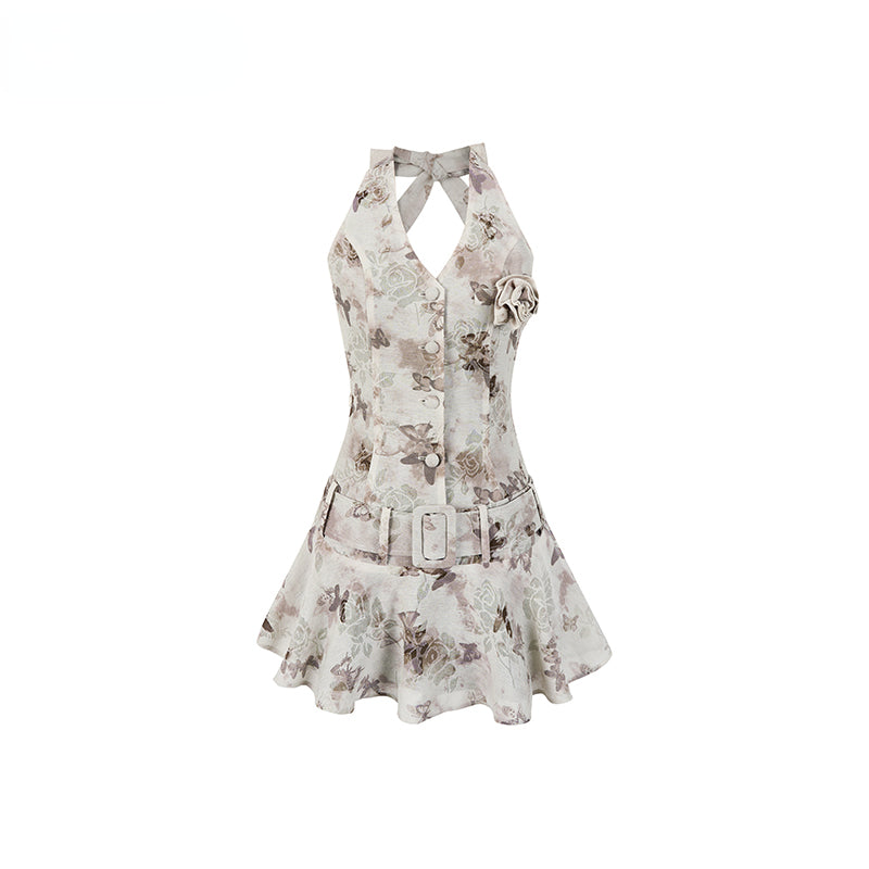 Apricot & Light Green Printed Halter Dress - CHINASQUAD