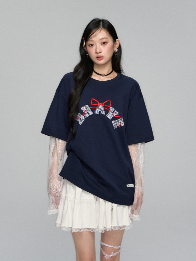 Lace-spliced Alphabet Bow T-shirt - CHINASQUAD