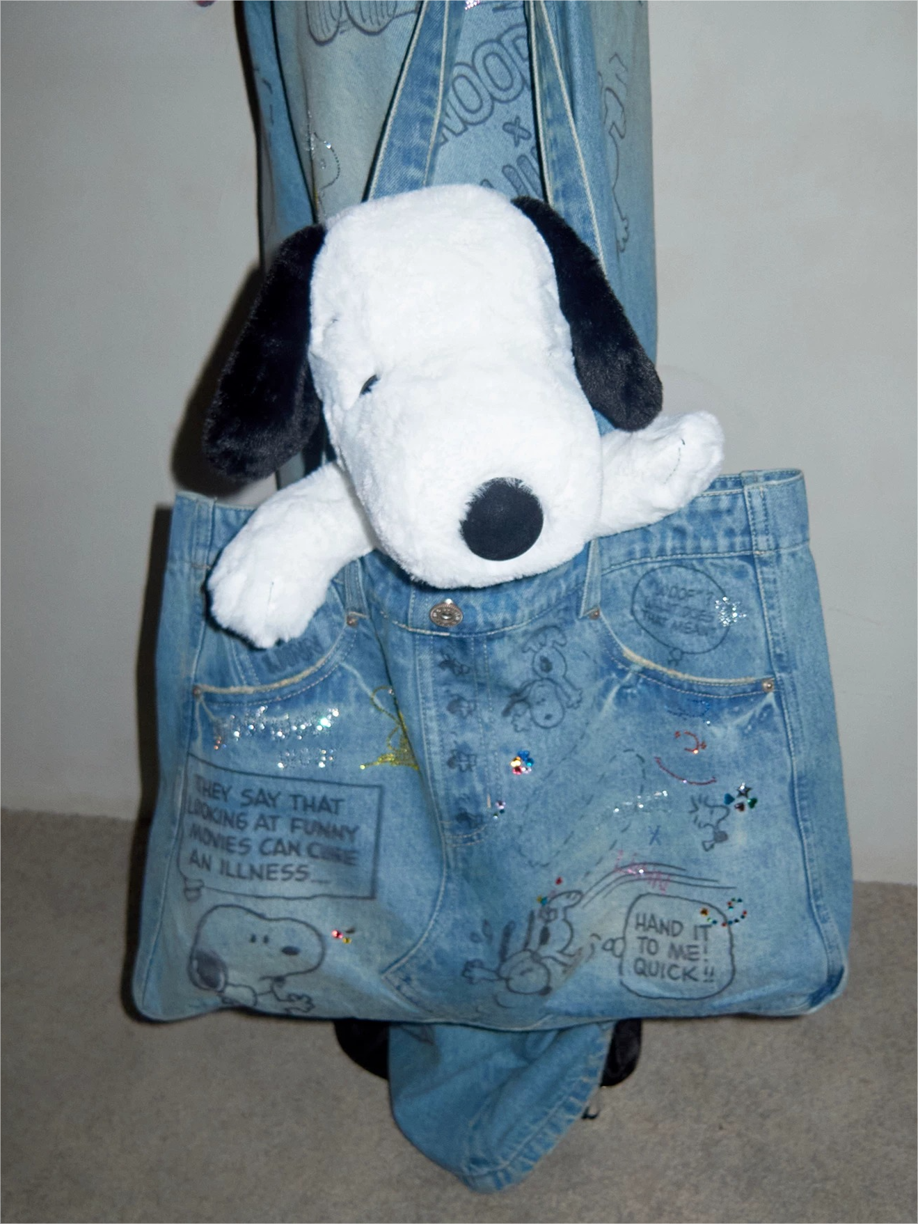 Snoopy Graffiti Crystal-Embellished Denim Tote Bag