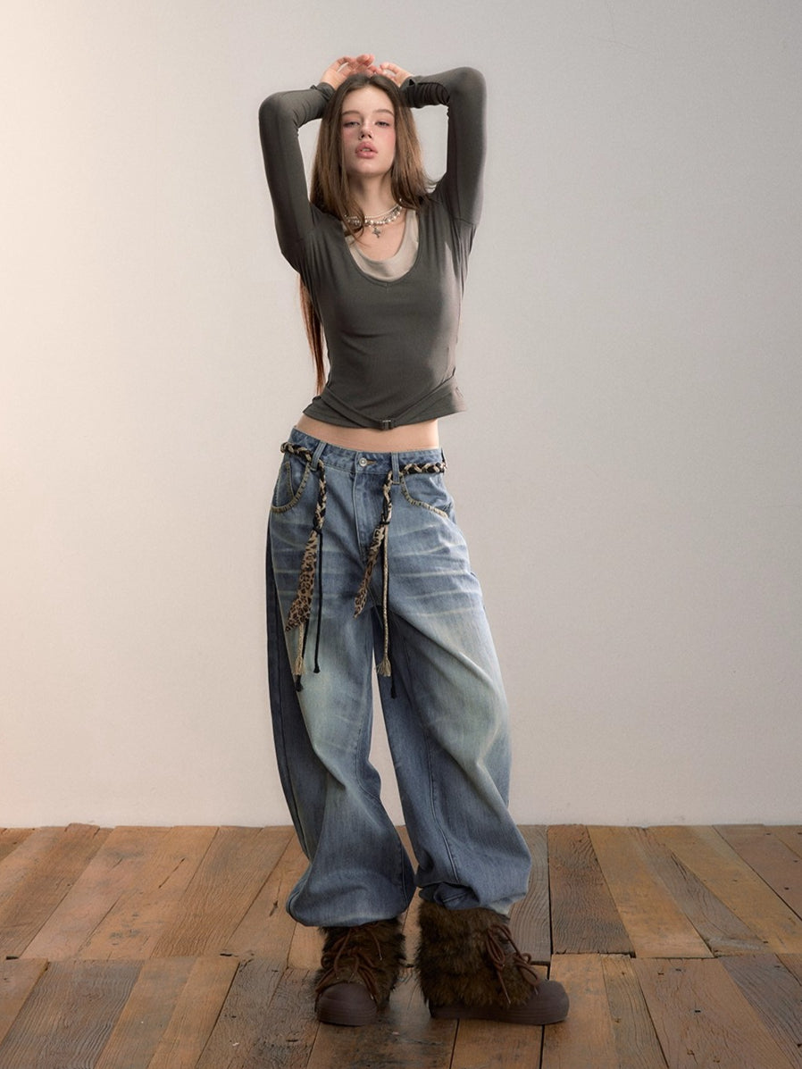 Belted Contrast Panel Knit Layered T-Shirt