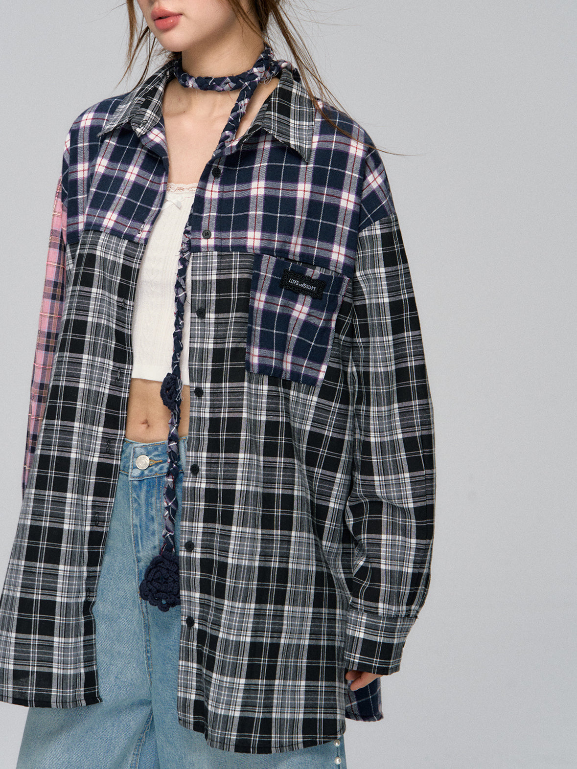 Black Patchwork Plaid Shirt - CHINASQUAD