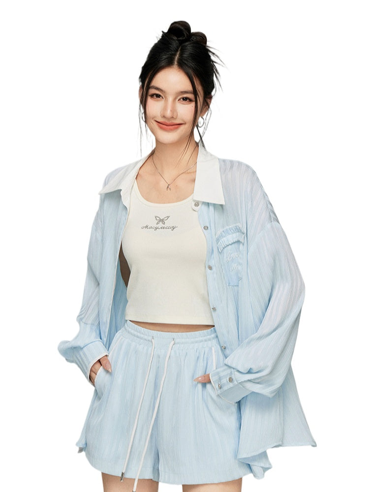Color-block Shiny Silk Shirt & Shorts Set