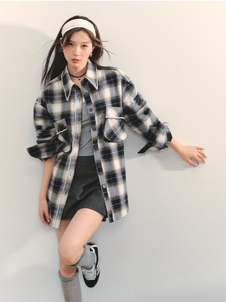 Pearl-Trimmed Polo-Neck Checkered Shirt - CHINASQUAD