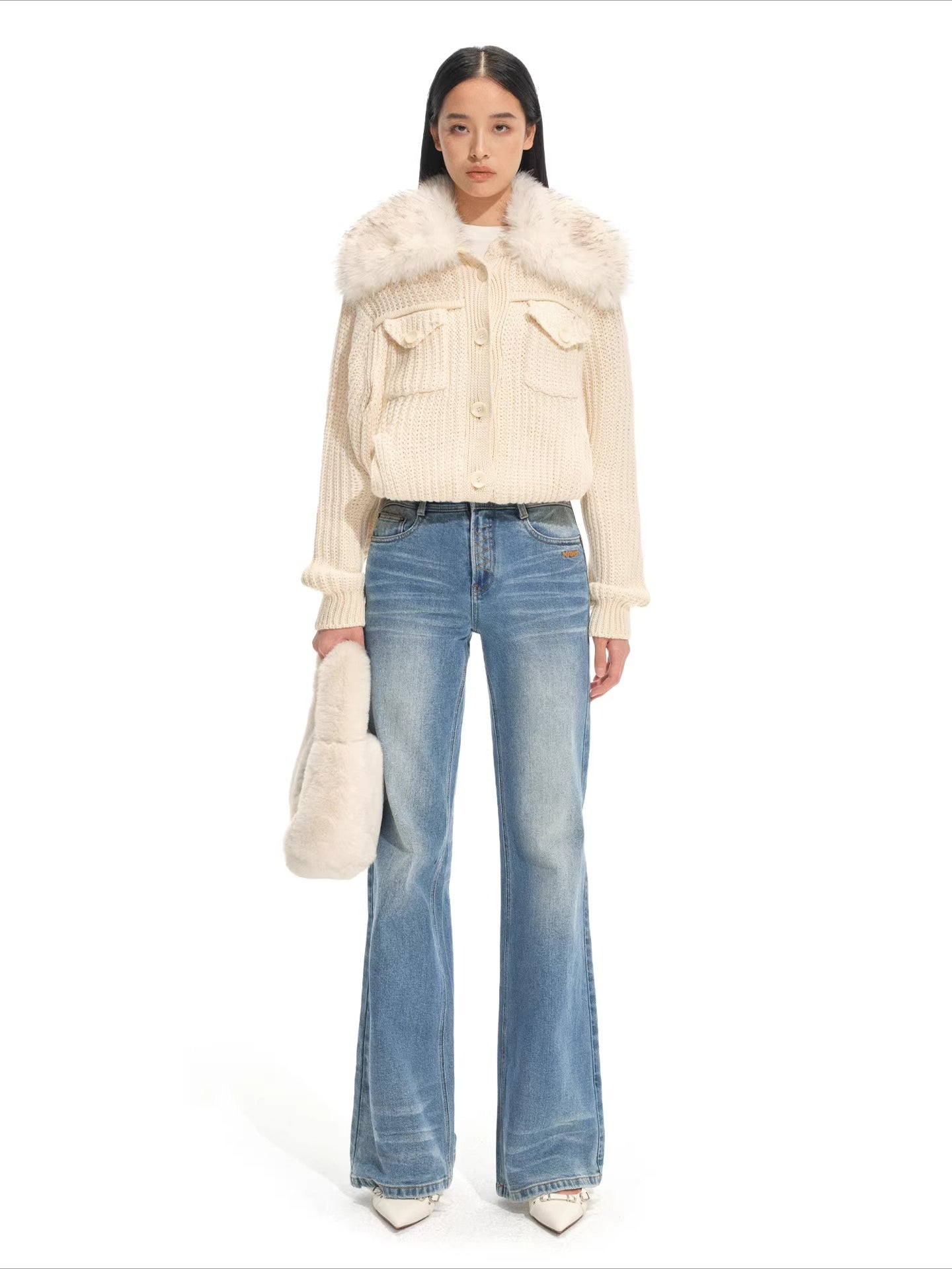 Faux Fur Collar Wool Knit Cardigan