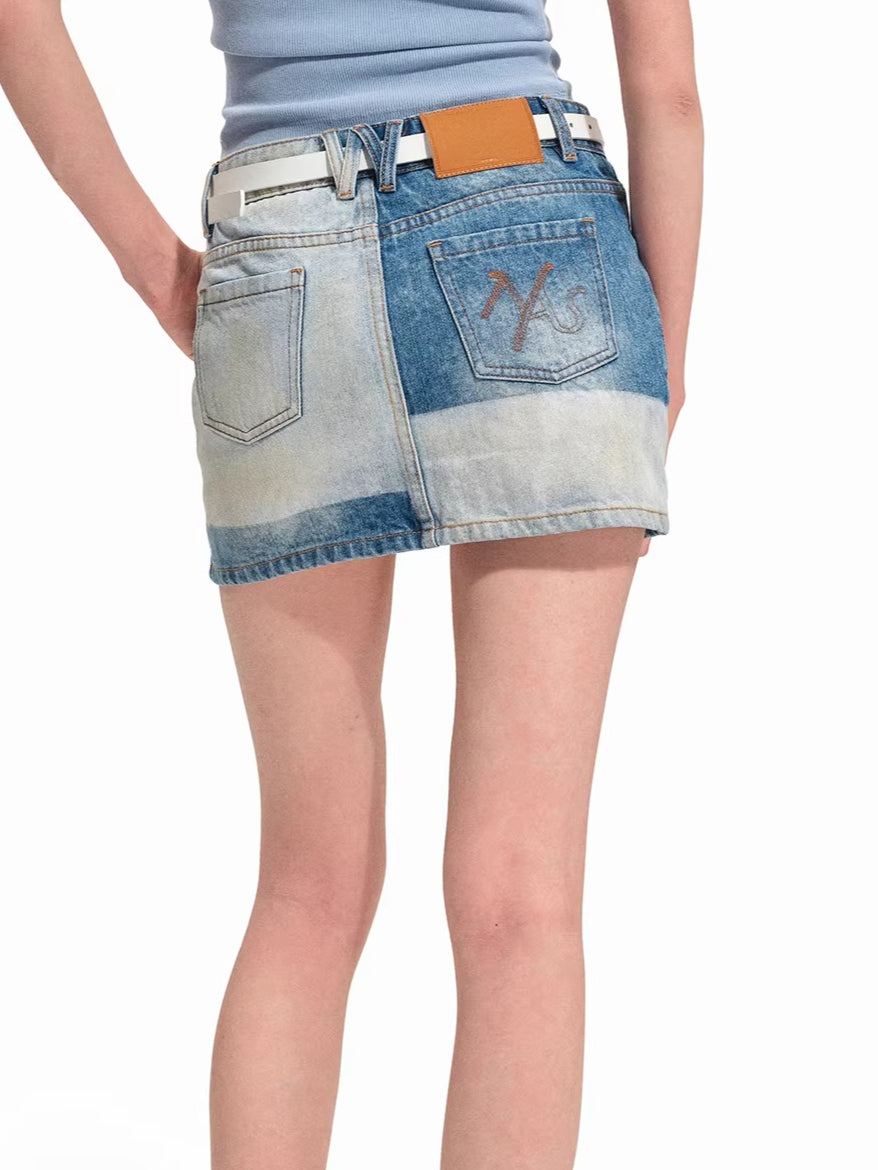 Contrast Panel Washed Denim Mini Skirt