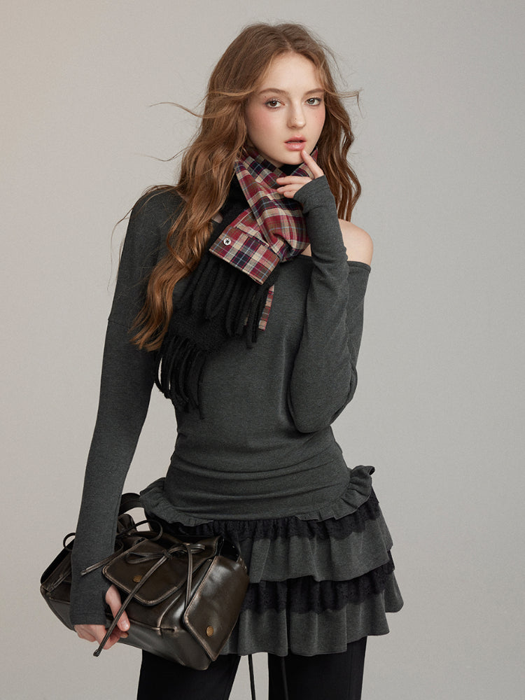 One-Shoulder Lace-Trim Tiered Dress - CHINASQUAD