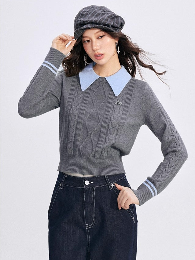 Contrast-Collar Cable-Knit Polo Sweater