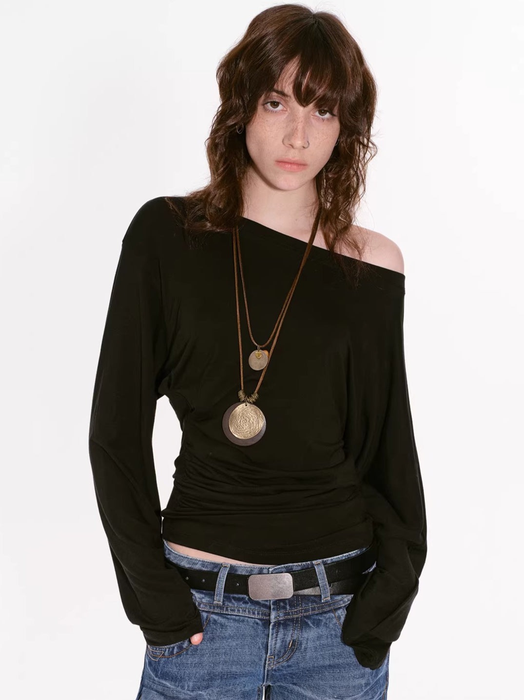 Draped Lyocell Off-Shoulder Long Sleeve T-Shirt