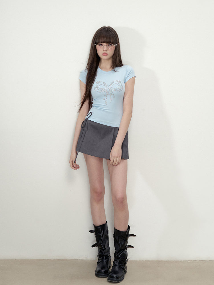 Bow Tie Rhinestone Short Sleeve T-shirt - CHINASQUAD