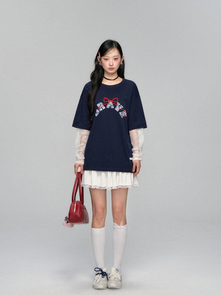 Lace-spliced Alphabet Bow T-shirt - CHINASQUAD