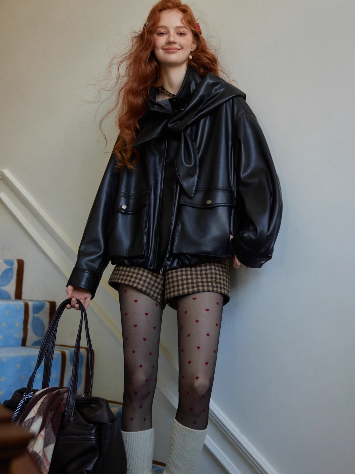 Detachable Bunny-Ear Hood Cropped PU Leather Jacket