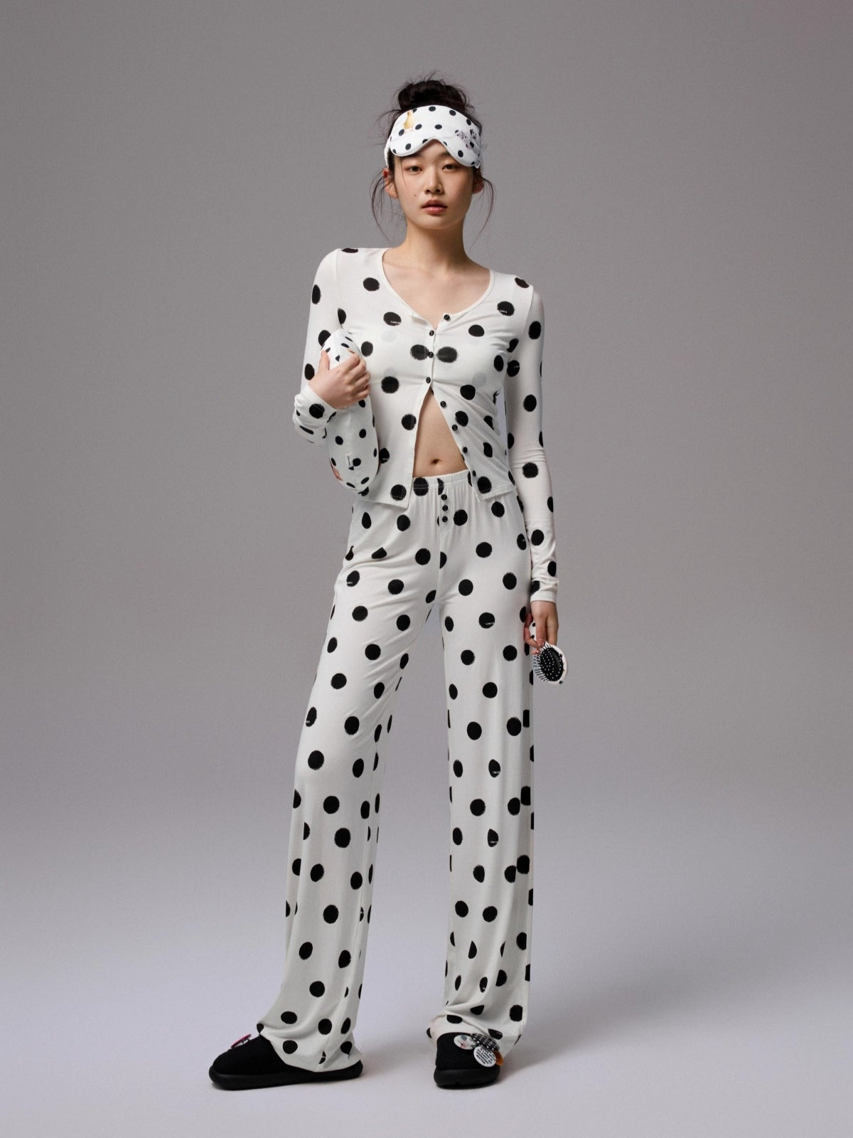 Polka Dot Contrast Knit Cardigan & Lounge Pants Set