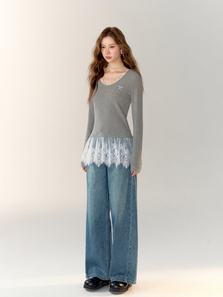 Lace-Trimmed Gray V-Neck Long Sleeve Top - CHINASQUAD