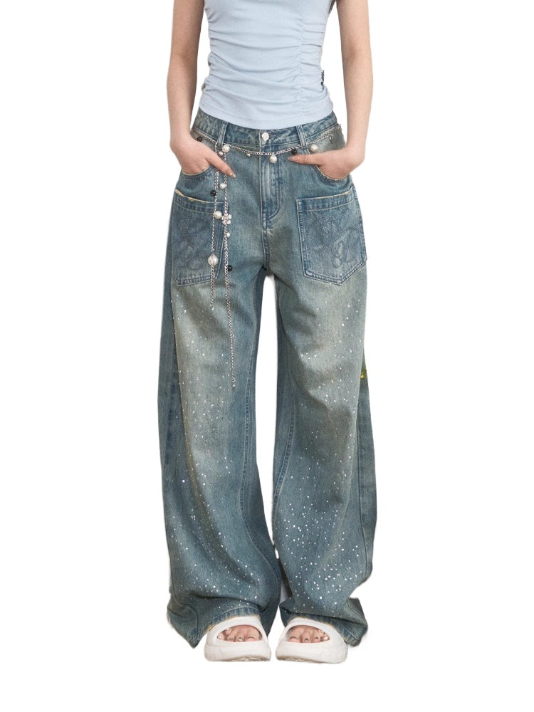 3D Rhinestone Wide-Leg Denim Pants - CHINASQUAD