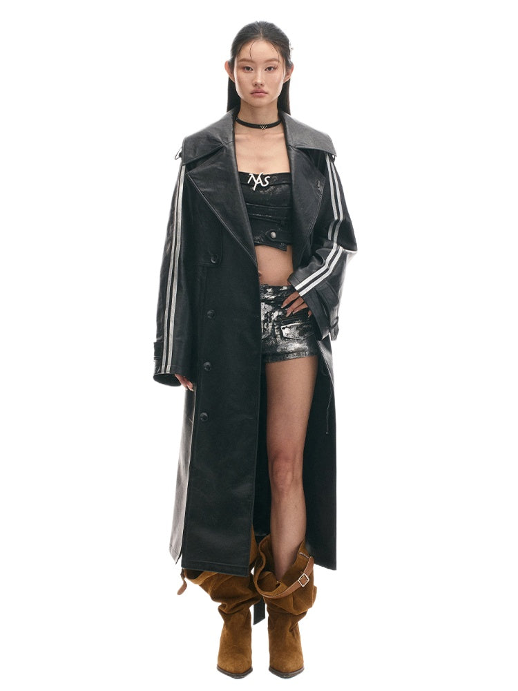 Textured Relaxed Fit Leather Trench Coat - CHINASQUAD
