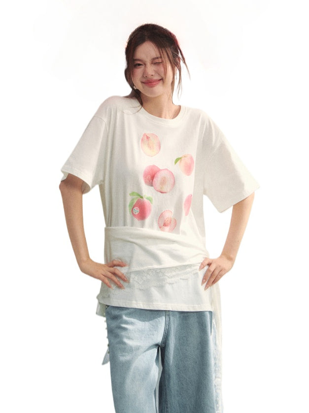 Fruit Print Lace-Trimmed Tie-Up T-shirt - CHINASQUAD