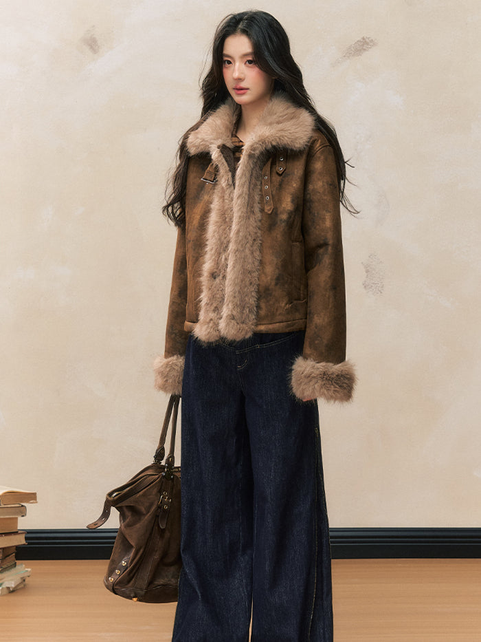 Blue High-Waist Side-Zip Denim Fleece-lined Wide-Leg Pants - CHINASQUAD