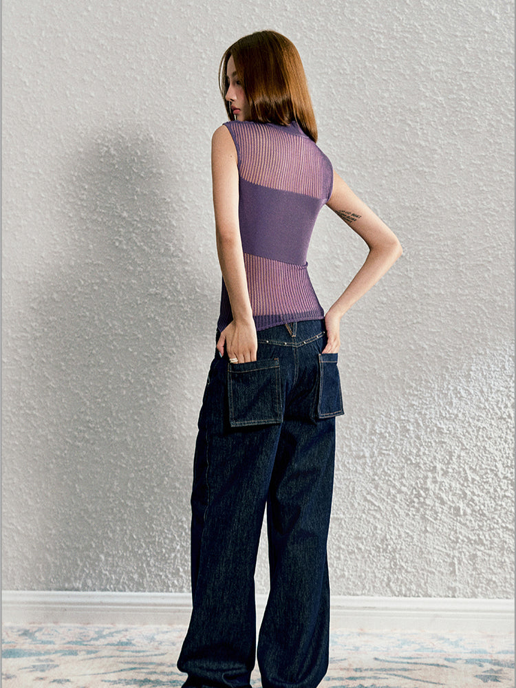 Beige & Purple Hollow-out Disk-button Knitted Vest - CHINASQUAD