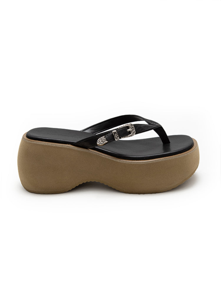 Platform Wedge Leather Flip-Flops - CHINASQUAD