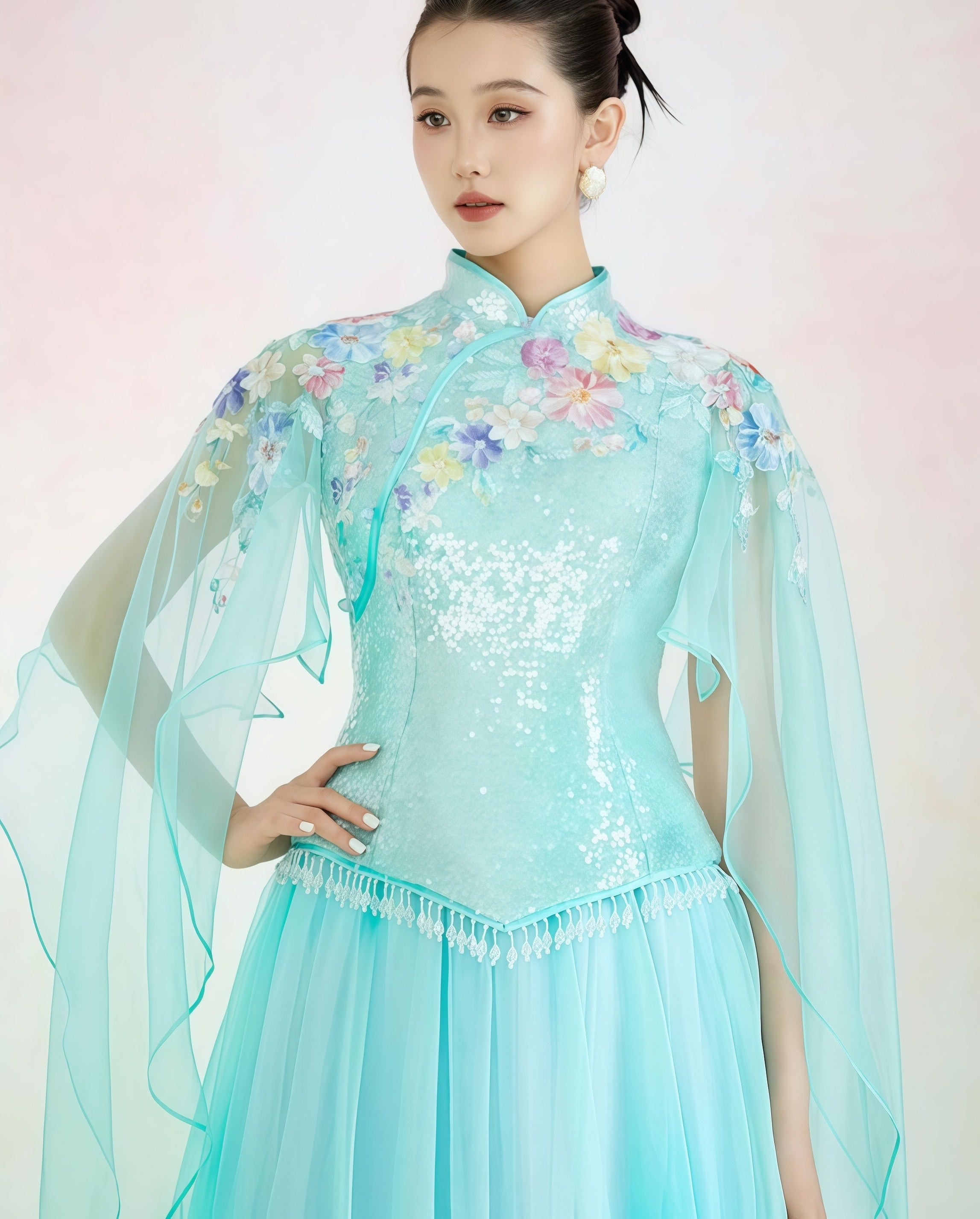Mint Green Embroidered Cape Sleeve Evening Gown