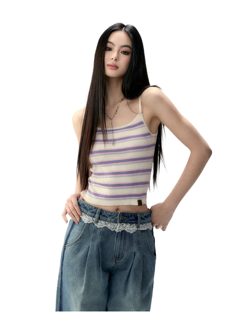 Striped Knit Short Acid Wash Tank Top - CHINASQUAD