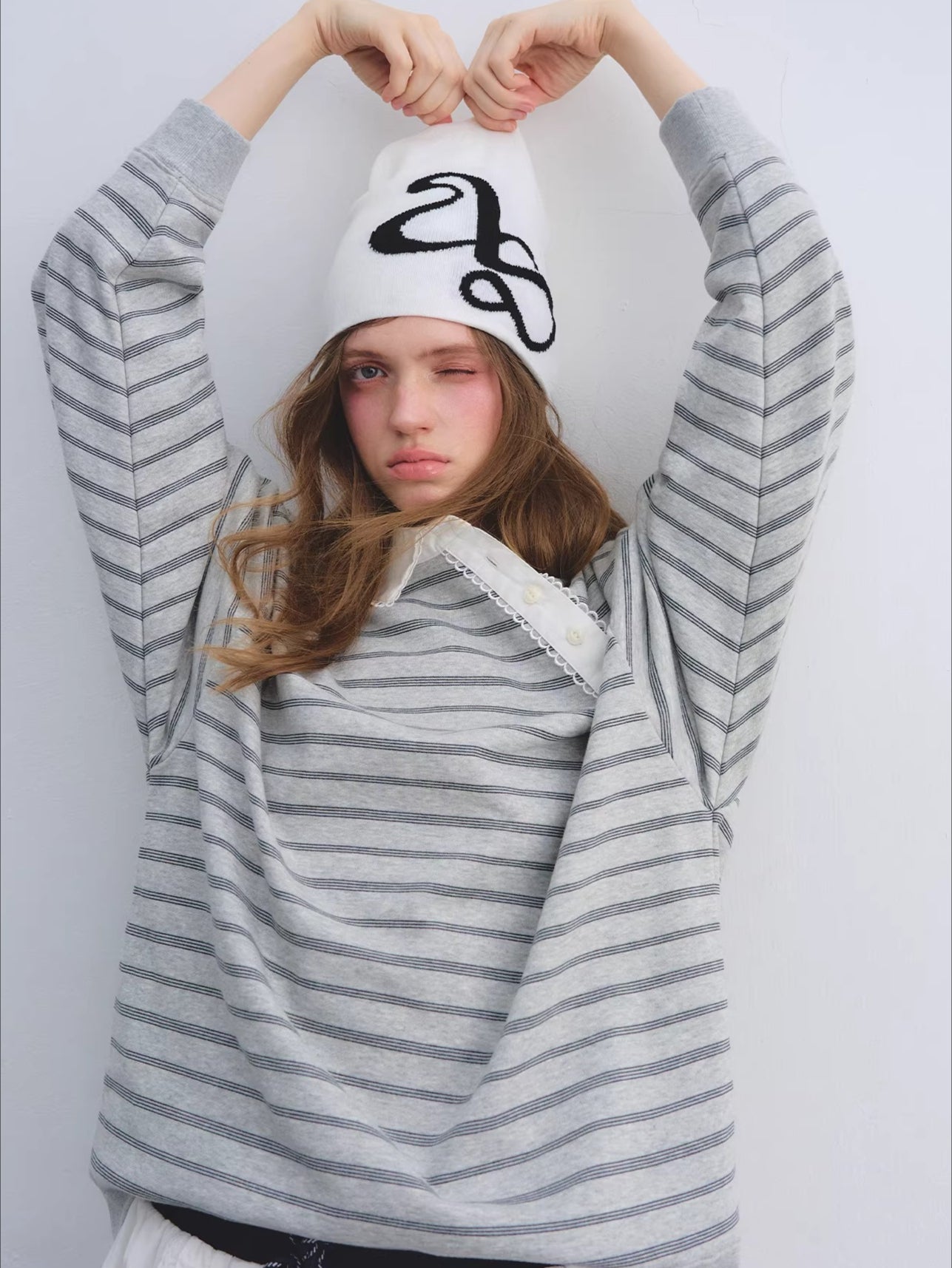 Placket Ruffle Collar Striped Sweatshirt