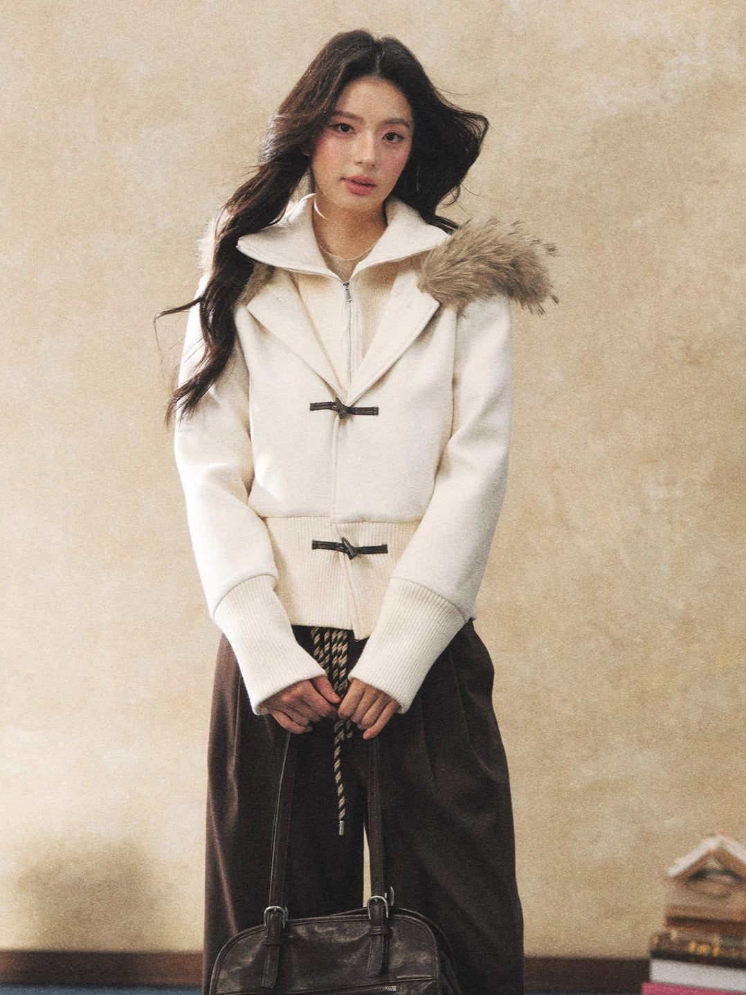 Fur Collar Faux-Layered Wool-Blend Jacket