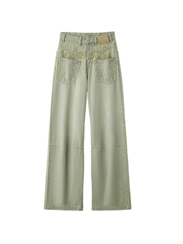 Distressed Washed Green Wide-Leg Jeans - CHINASQUAD