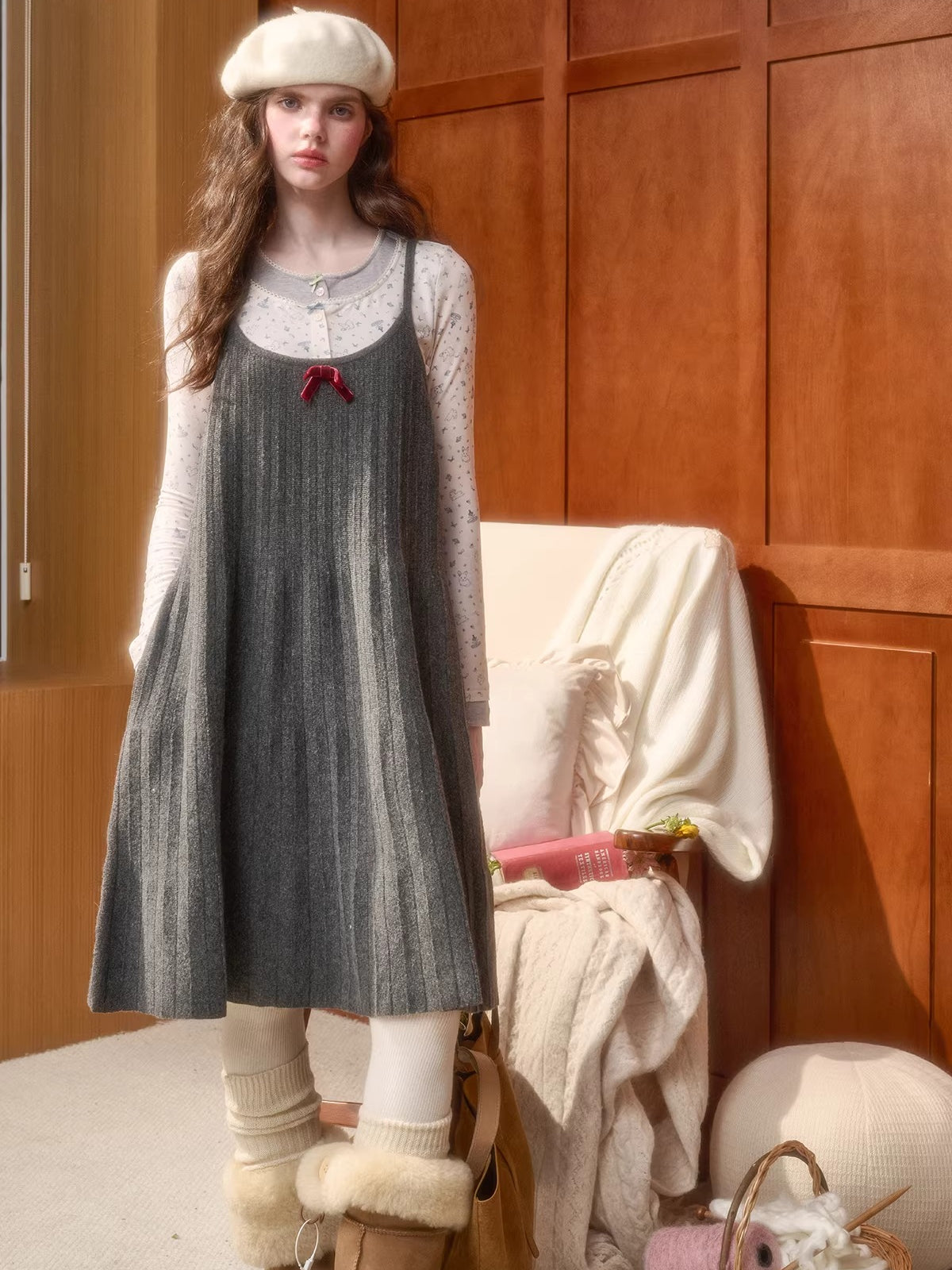 Wool Blend Pleated Knit Midi Dress