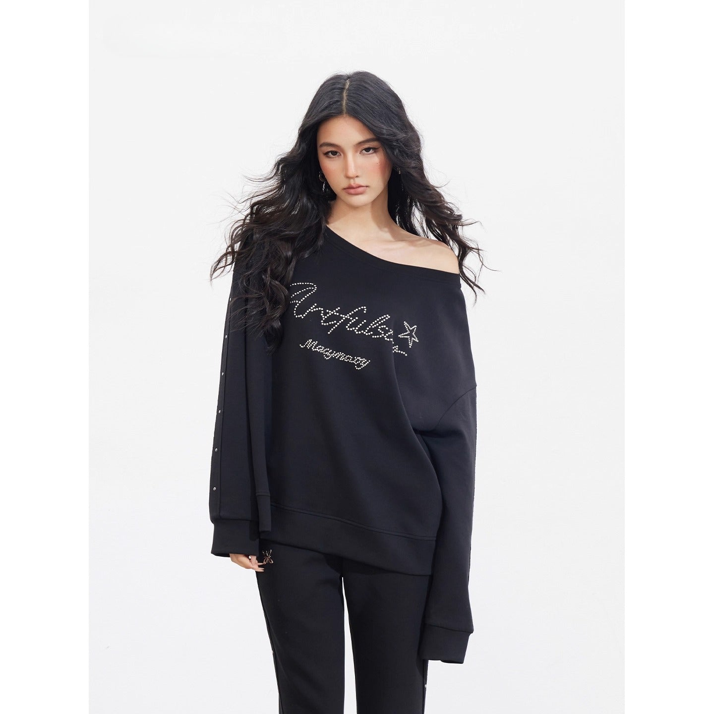 Studded Letter Off-Shoulder Sweatshirt