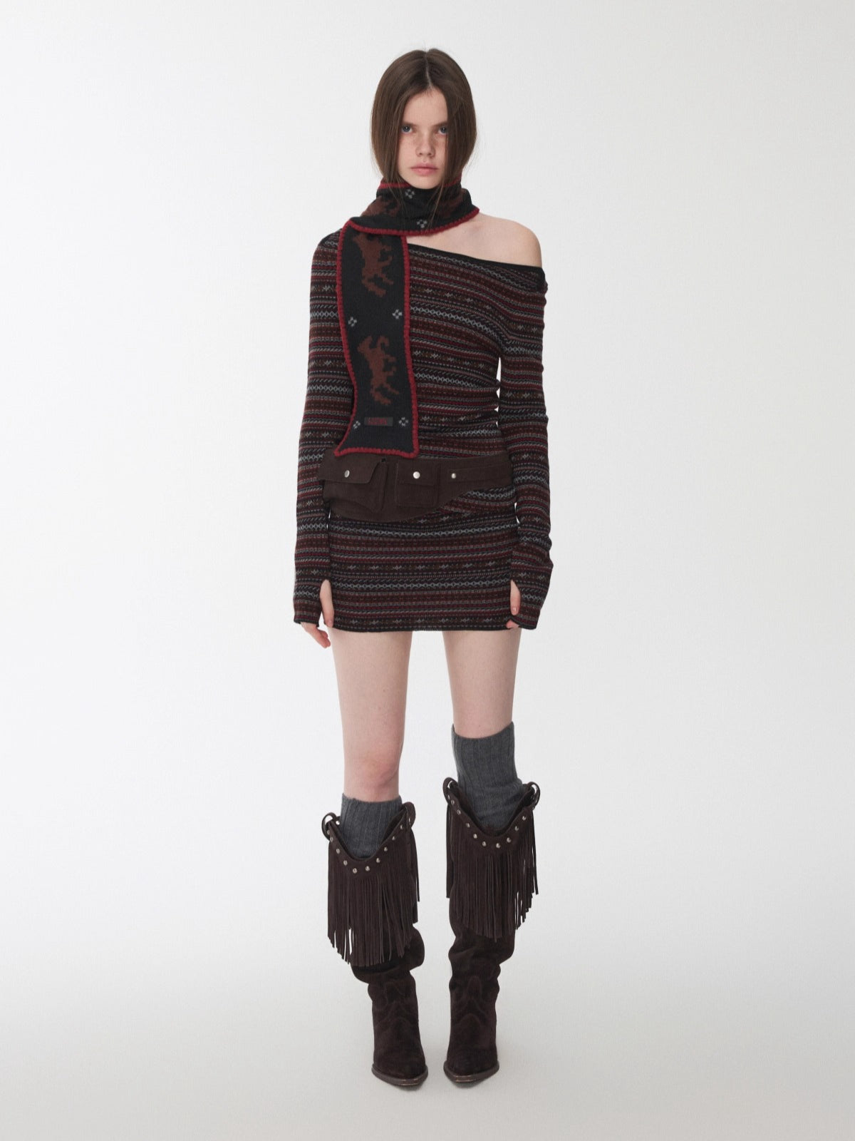 Fair Isle Off-Shoulder Jacquard Knit Dress