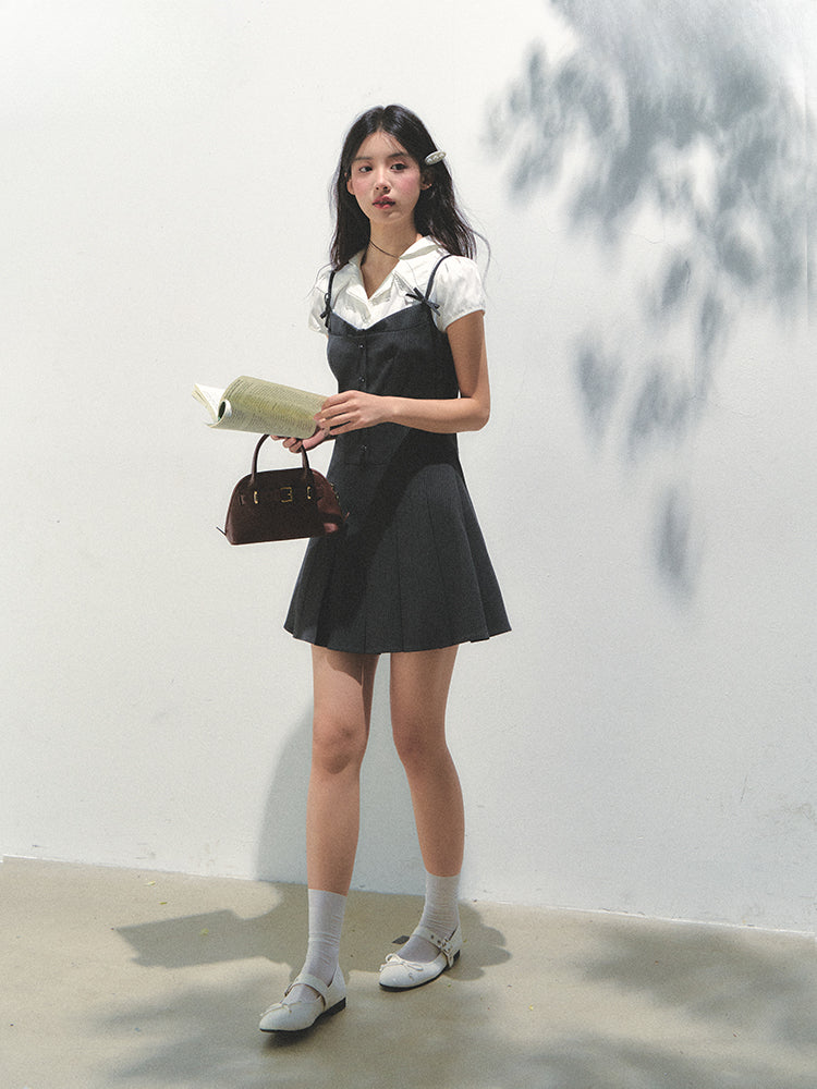 Academy Style Fake Two-piece Pleated Dress - CHINASQUAD