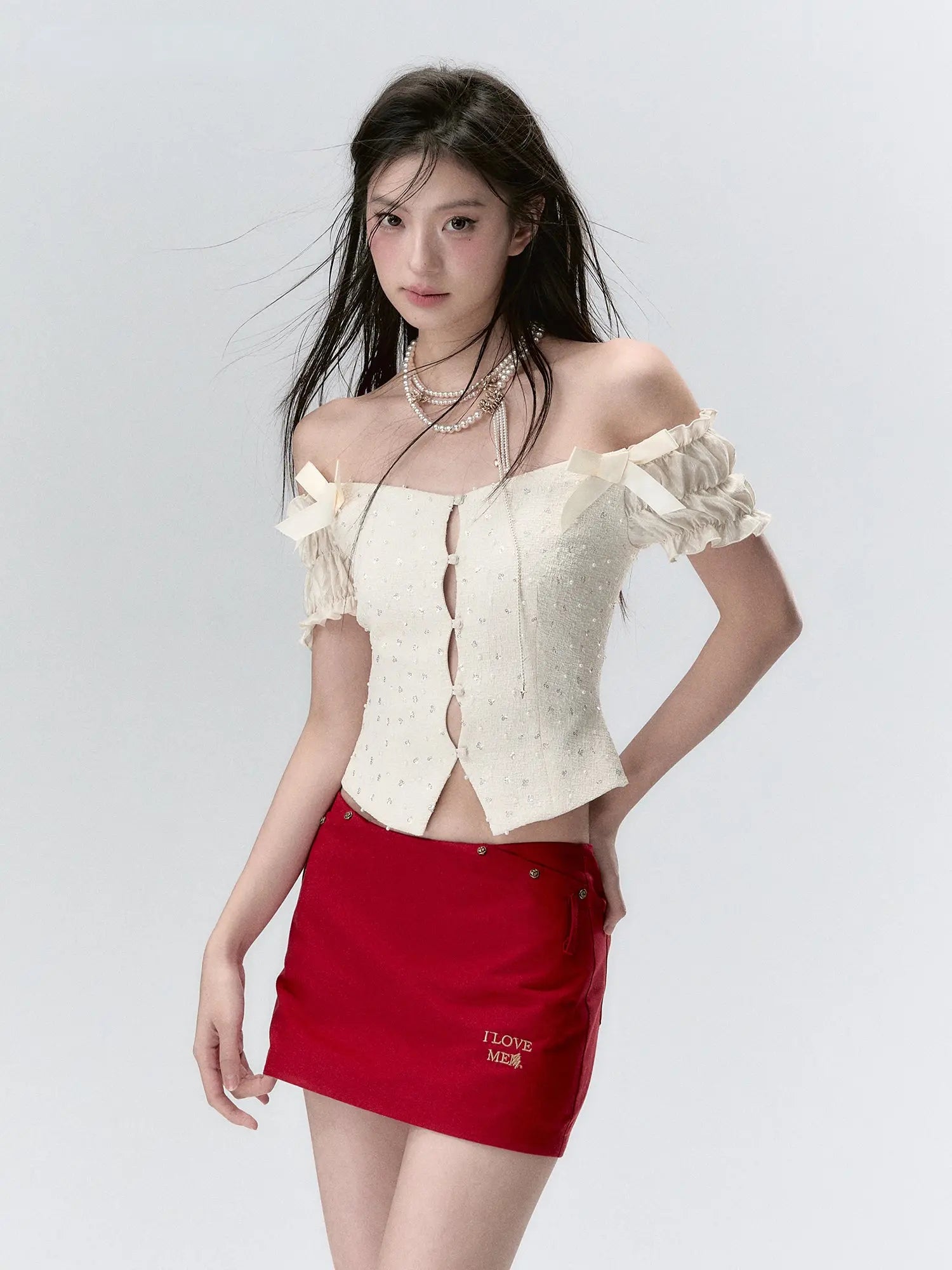 Off-the-Shoulder Sparkly 3D Pearl Mesh Blouse - CHINASQUAD